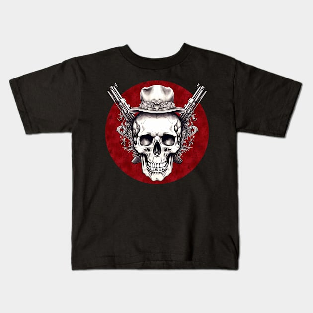 skull with guns Kids T-Shirt by One Eyed Cat Design